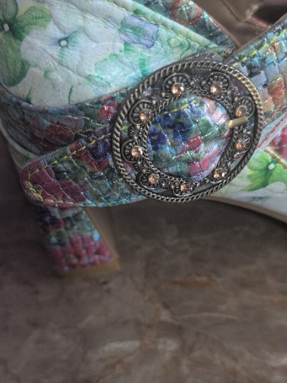 Floral Multi-Tone Mary Jane Heels with Decorative Buckle - Picture 3 of 7